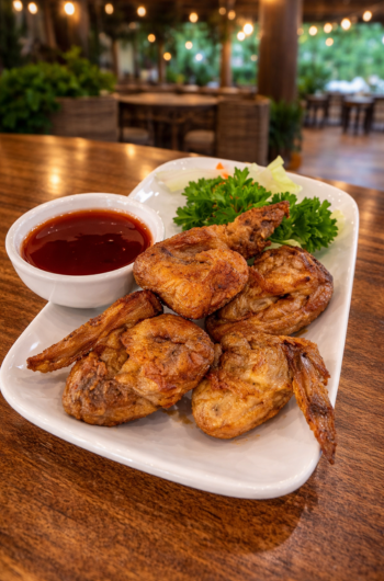 Crispy fried chicken wings with dipping sauce served at Mangroves Cafe & Resto in Bulasa Mangrove Resort