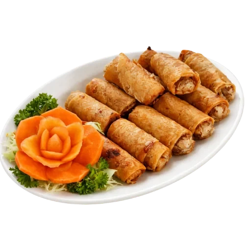Crispy lumpia spring rolls arranged on a plate with garnish.