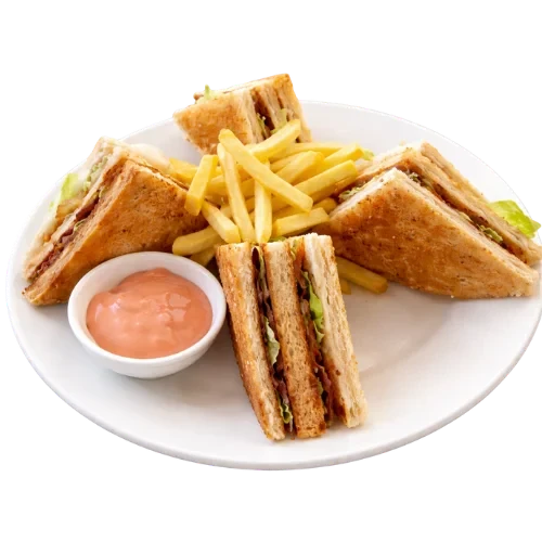 Club sandwich with fries and dipping sauce on a plate.